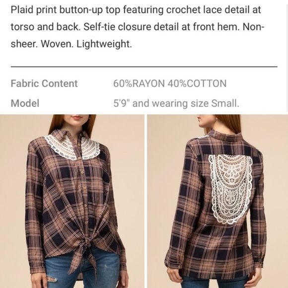 NEW Plaid Print Front Twist Button Up Top with Crochet Lace Details - Picture 4 of 4